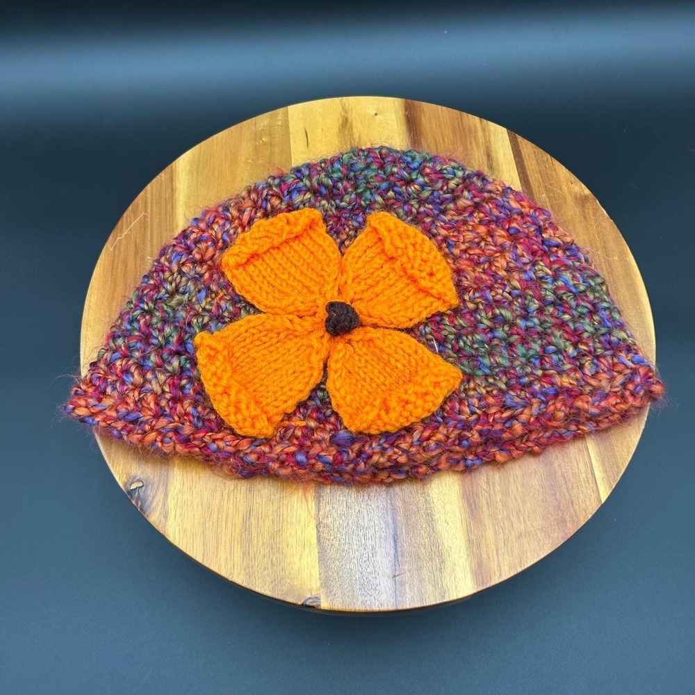 Handmade Knit Pillbox Hat Multi-Color Variegated Wool Blend Orange Flower Accent